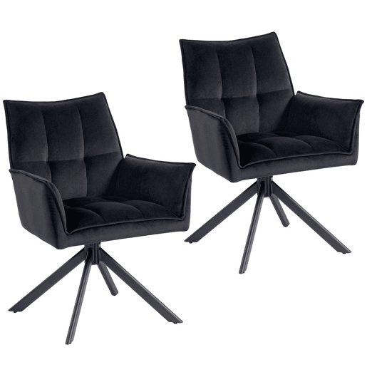 HOMCOM Conjunto de 2 Cadeiras de Refeição Giratórias 360° Cadeiras de Cozinha com Apoio de Braços Encosto Estofado Estofamento em Veludo Pés em Aço para Escritório Conferência Sala de Estar 63x64x85 cm Preto