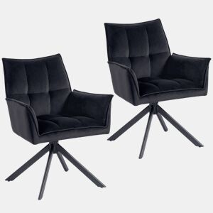 HOMCOM Conjunto de 2 Cadeiras de Refeição Giratórias 360° Cadeiras de Cozinha com Apoio de Braços Encosto Estofado Estofamento em Veludo Pés em Aço para Escritório Conferência Sala de Estar 63x64x85 cm Preto