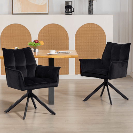 HOMCOM Conjunto de 2 Cadeiras de Refeição Giratórias 360° Cadeiras de Cozinha com Apoio de Braços Encosto Estofado Estofamento em Veludo Pés em Aço para Escritório Conferência Sala de Estar 63x64x85 cm Preto