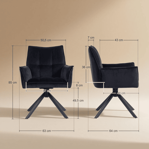 HOMCOM Conjunto de 2 Cadeiras de Refeição Giratórias 360° Cadeiras de Cozinha com Apoio de Braços Encosto Estofado Estofamento em Veludo Pés em Aço para Escritório Conferência Sala de Estar 63x64x85 cm Preto