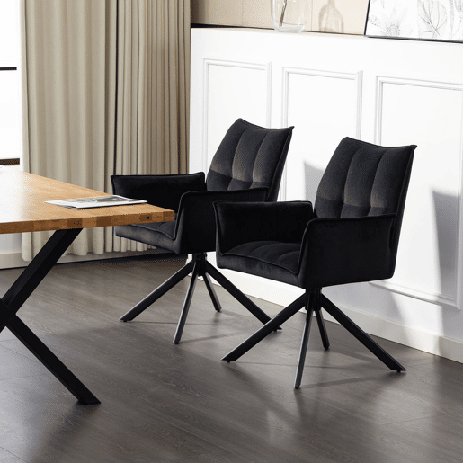 HOMCOM Conjunto de 2 Cadeiras de Refeição Giratórias 360° Cadeiras de Cozinha com Apoio de Braços Encosto Estofado Estofamento em Veludo Pés em Aço para Escritório Conferência Sala de Estar 63x64x85 cm Preto