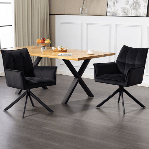 HOMCOM Conjunto de 2 Cadeiras de Refeição Giratórias 360° Cadeiras de Cozinha com Apoio de Braços Encosto Estofado Estofamento em Veludo Pés em Aço para Escritório Conferência Sala de Estar 63x64x85 cm Preto