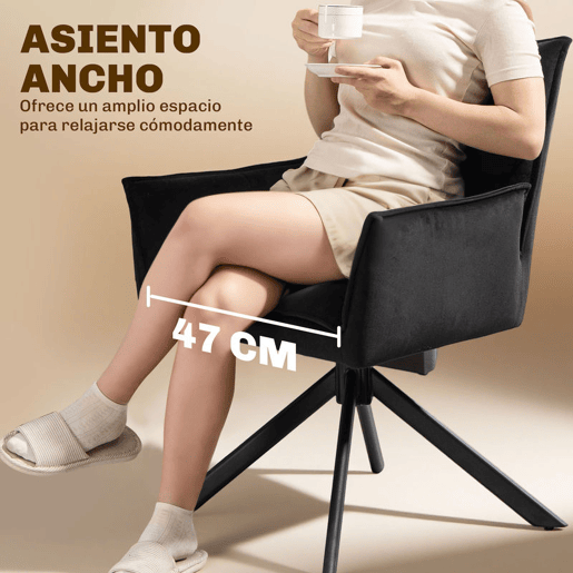 HOMCOM Conjunto de 2 Cadeiras de Refeição Giratórias 360° Cadeiras de Cozinha com Apoio de Braços Encosto Estofado Estofamento em Veludo Pés em Aço para Escritório Conferência Sala de Estar 63x64x85 cm Preto