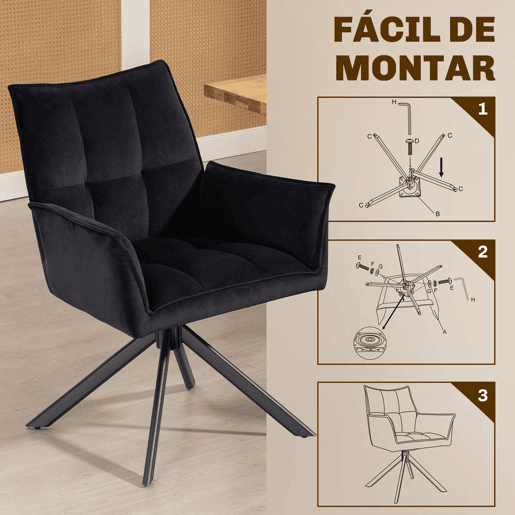 HOMCOM Conjunto de 2 Cadeiras de Refeição Giratórias 360° Cadeiras de Cozinha com Apoio de Braços Encosto Estofado Estofamento em Veludo Pés em Aço para Escritório Conferência Sala de Estar 63x64x85 cm Preto
