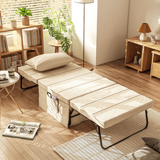 HOMCOM Sofá Cama 4 em 1 Poltrona Cama Desdobrável Estofado em Linho com Encosto Ajustável em 5 Níveis e Almofada Acolchoada para Escritório, Quarto Sala 75x80x74 cm Creme