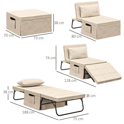 HOMCOM Sofá Cama 4 em 1 Poltrona Cama Desdobrável Estofado em Linho com Encosto Ajustável em 5 Níveis e Almofada Acolchoada para Escritório, Quarto Sala 75x80x74 cm Creme