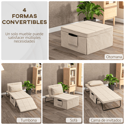 HOMCOM Sofá Cama 4 em 1 Poltrona Cama Desdobrável Estofado em Linho com Encosto Ajustável em 5 Níveis e Almofada Acolchoada para Escritório, Quarto Sala 75x80x74 cm Creme