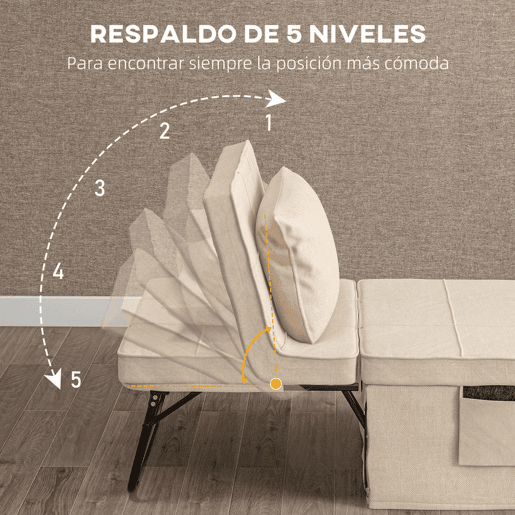 HOMCOM Sofá Cama 4 em 1 Poltrona Cama Desdobrável Estofado em Linho com Encosto Ajustável em 5 Níveis e Almofada Acolchoada para Escritório, Quarto Sala 75x80x74 cm Creme
