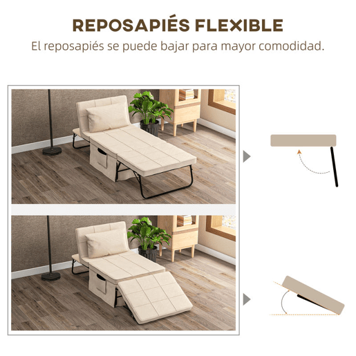HOMCOM Sofá Cama 4 em 1 Poltrona Cama Desdobrável Estofado em Linho com Encosto Ajustável em 5 Níveis e Almofada Acolchoada para Escritório, Quarto Sala 75x80x74 cm Creme