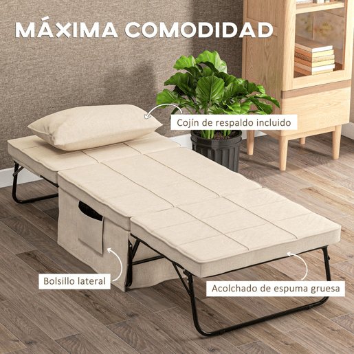 HOMCOM Sofá Cama 4 em 1 Poltrona Cama Desdobrável Estofado em Linho com Encosto Ajustável em 5 Níveis e Almofada Acolchoada para Escritório, Quarto Sala 75x80x74 cm Creme