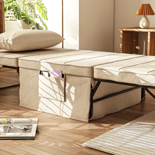 HOMCOM Sofá Cama 4 em 1 Poltrona Cama Desdobrável Estofado em Linho com Encosto Ajustável em 5 Níveis e Almofada Acolchoada para Escritório, Quarto Sala 75x80x74 cm Creme