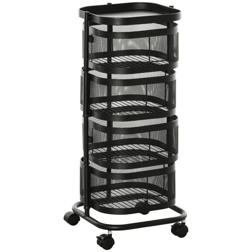 HOMCOM Carrinho Auxiliar com Rodas de 5 Níveis Carrinho de Cozinha com 4 Cestas de Armazenamento Rotativas a 270° e Prateleira Superior para Frutas Legumes Utensílios 33x33x77 cm Preto