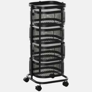 HOMCOM Carrinho Auxiliar com Rodas de 5 Níveis Carrinho de Cozinha com 4 Cestas de Armazenamento Rotativas a 270° e Prateleira Superior para Frutas Legumes Utensílios 33x33x77 cm Preto