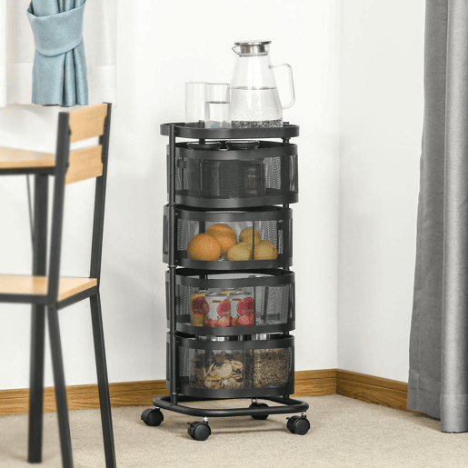 HOMCOM Carrinho Auxiliar com Rodas de 5 Níveis Carrinho de Cozinha com 4 Cestas de Armazenamento Rotativas a 270° e Prateleira Superior para Frutas Legumes Utensílios 33x33x77 cm Preto