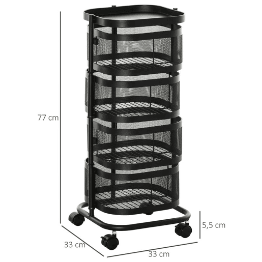 HOMCOM Carrinho Auxiliar com Rodas de 5 Níveis Carrinho de Cozinha com 4 Cestas de Armazenamento Rotativas a 270° e Prateleira Superior para Frutas Legumes Utensílios 33x33x77 cm Preto