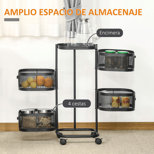 HOMCOM Carrinho Auxiliar com Rodas de 5 Níveis Carrinho de Cozinha com 4 Cestas de Armazenamento Rotativas a 270° e Prateleira Superior para Frutas Legumes Utensílios 33x33x77 cm Preto