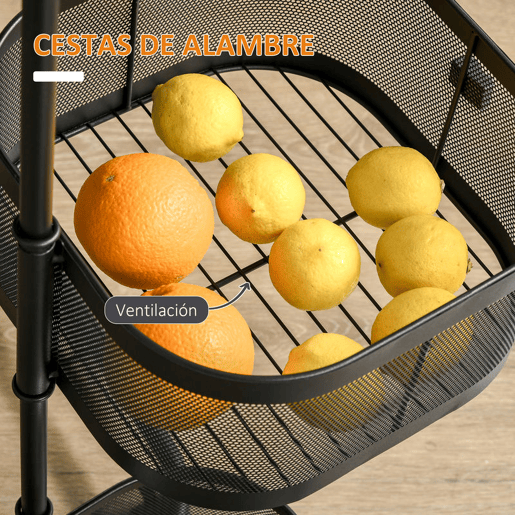 HOMCOM Carrinho Auxiliar com Rodas de 5 Níveis Carrinho de Cozinha com 4 Cestas de Armazenamento Rotativas a 270° e Prateleira Superior para Frutas Legumes Utensílios 33x33x77 cm Preto