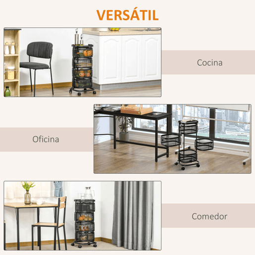HOMCOM Carrinho Auxiliar com Rodas de 5 Níveis Carrinho de Cozinha com 4 Cestas de Armazenamento Rotativas a 270° e Prateleira Superior para Frutas Legumes Utensílios 33x33x77 cm Preto