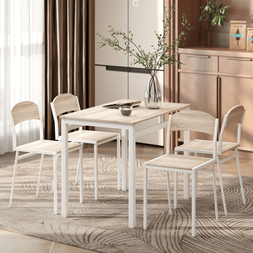 HOMCOM Conjunto de Mesa e Cadeiras de Refeição Mesa de Cozinha Retangular com 4 Cadeiras Estilo Moderno Estrutura Metálica para Espaços Pequenos Carvalho e Branco