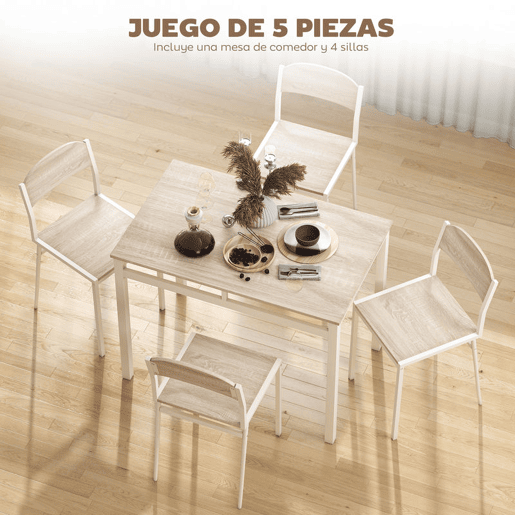 HOMCOM Conjunto de Mesa e Cadeiras de Refeição Mesa de Cozinha Retangular com 4 Cadeiras Estilo Moderno Estrutura Metálica para Espaços Pequenos Carvalho e Branco