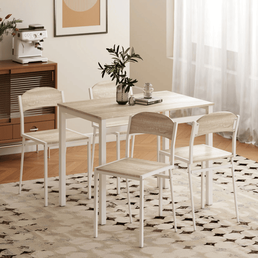 HOMCOM Conjunto de Mesa e Cadeiras de Refeição Mesa de Cozinha Retangular com 4 Cadeiras Estilo Moderno Estrutura Metálica para Espaços Pequenos Carvalho e Branco