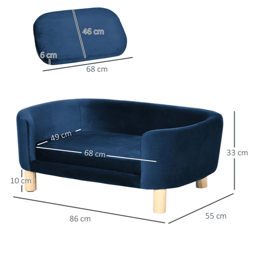 PawHut Sofá para Cães Pequenos Cama Elevada para Cães com Pés de Madeira Almofada Removível e Capa Lavável Carga 10 kg 86x55x33 cm Azul