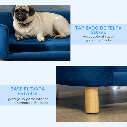 PawHut Sofá para Cães Pequenos Cama Elevada para Cães com Pés de Madeira Almofada Removível e Capa Lavável Carga 10 kg 86x55x33 cm Azul