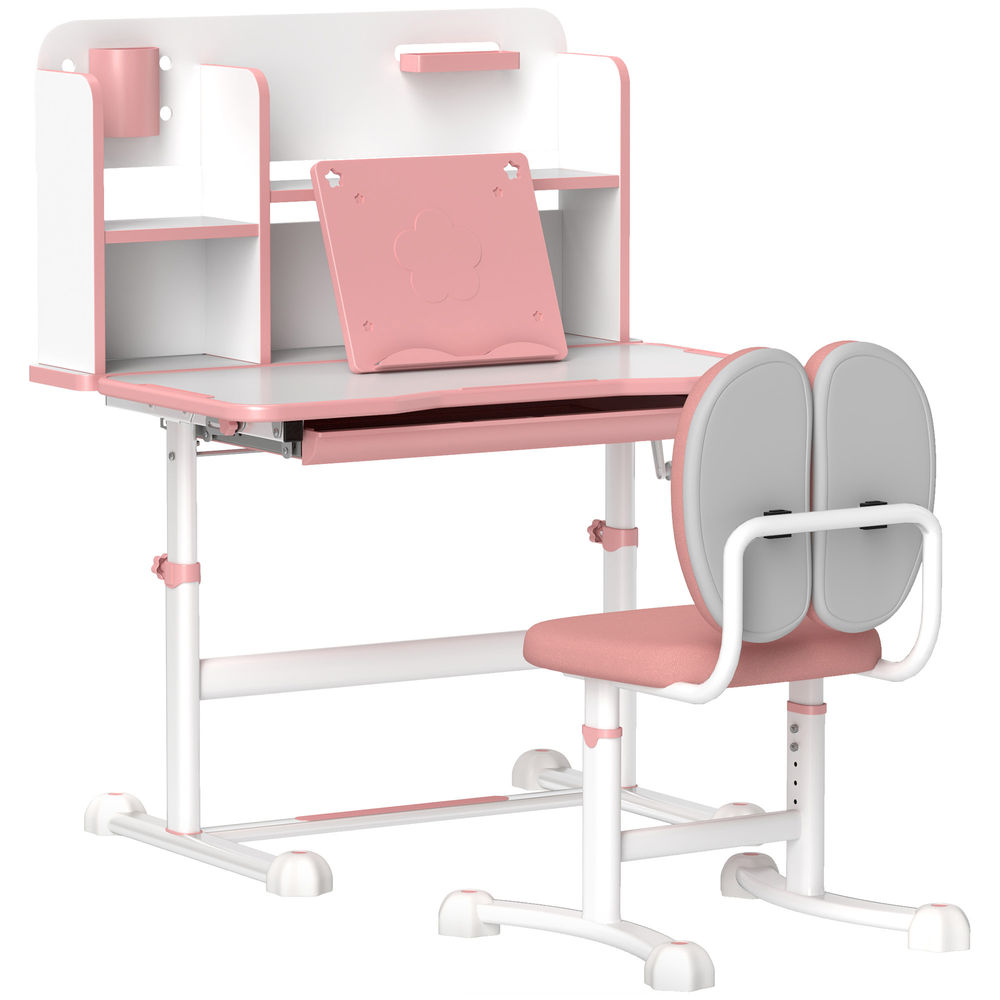 Aiyaplay juego de escritorio y silla para niños de +3 años, pupitre infantil altura ajustable con tablero inclinable, cajón y estantes, respaldo acolchado, para libros, 80x55x107,5 cm, rosa