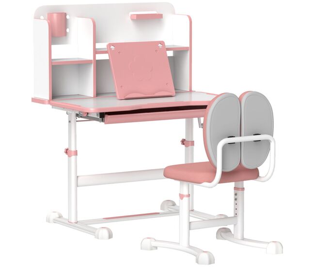 Aiyaplay juego de escritorio y silla para niños de +3 años, pupitre infantil altura ajustable con tablero inclinable, cajón y estantes, respaldo acolchado, para libros, 80x55x107,5 cm, rosa