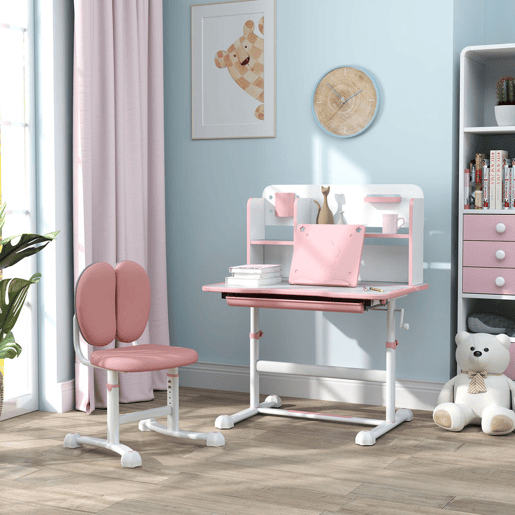 AIYAPLAY Conjunto de Secretária e Cadeira para Crianças acima de 3 Anos Secretária Infantil Altura Ajustável com Tampo Inclinável Gaveta e Prateleiras Encosto Acolchoado, para Livros 80x55x107,5 cm Rosa