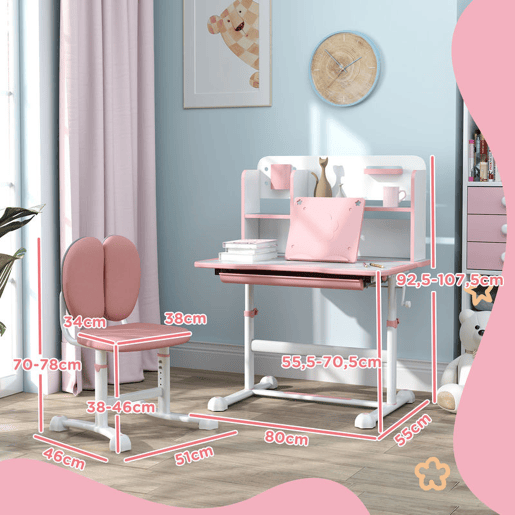 AIYAPLAY Conjunto de Secretária e Cadeira para Crianças acima de 3 Anos Secretária Infantil Altura Ajustável com Tampo Inclinável Gaveta e Prateleiras Encosto Acolchoado, para Livros 80x55x107,5 cm Rosa