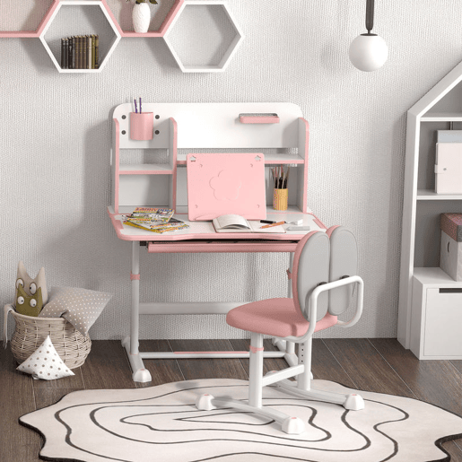AIYAPLAY Conjunto de Secretária e Cadeira para Crianças acima de 3 Anos Secretária Infantil Altura Ajustável com Tampo Inclinável Gaveta e Prateleiras Encosto Acolchoado, para Livros 80x55x107,5 cm Rosa