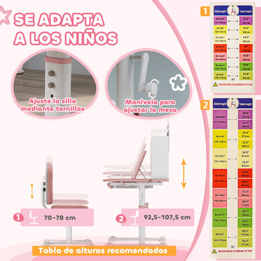 AIYAPLAY Conjunto de Secretária e Cadeira para Crianças acima de 3 Anos Secretária Infantil Altura Ajustável com Tampo Inclinável Gaveta e Prateleiras Encosto Acolchoado, para Livros 80x55x107,5 cm Rosa