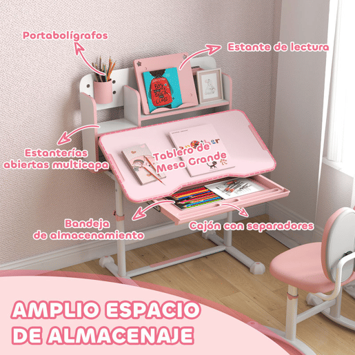 AIYAPLAY Conjunto de Secretária e Cadeira para Crianças acima de 3 Anos Secretária Infantil Altura Ajustável com Tampo Inclinável Gaveta e Prateleiras Encosto Acolchoado, para Livros 80x55x107,5 cm Rosa