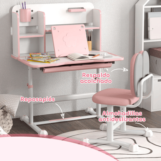 AIYAPLAY Conjunto de Secretária e Cadeira para Crianças acima de 3 Anos Secretária Infantil Altura Ajustável com Tampo Inclinável Gaveta e Prateleiras Encosto Acolchoado, para Livros 80x55x107,5 cm Rosa
