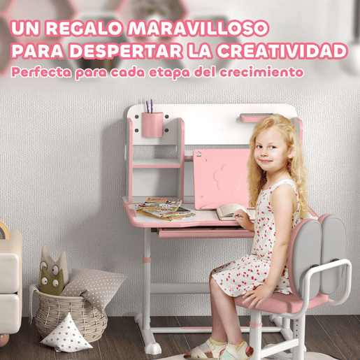 AIYAPLAY Conjunto de Secretária e Cadeira para Crianças acima de 3 Anos Secretária Infantil Altura Ajustável com Tampo Inclinável Gaveta e Prateleiras Encosto Acolchoado, para Livros 80x55x107,5 cm Rosa