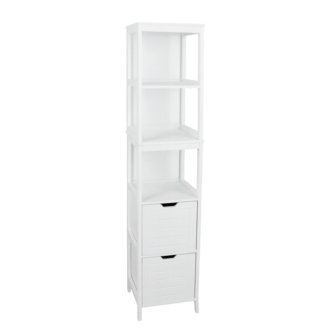 Mueble auxiliar de baño con cajones y estantes abiertos. (30x30x144 cm)