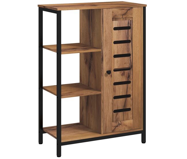 Kleankin armario de baño estrecho, mueble de baño bajo con puerta de lamas y 3 compartimentos abiertos, estante ajustable, para salón, dormitorio, entrada, 60x30x85 cm, marrón rústico