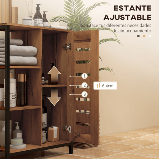 kleankin Móvel Auxiliar Casa de Banho Estreito Armário de Casa de Banho com Porta de Ripas e 3 Compartimentos Abertos Prateleira Ajustável para Sala Quarto Entrada 60x30x85 cm Castanho Rústico