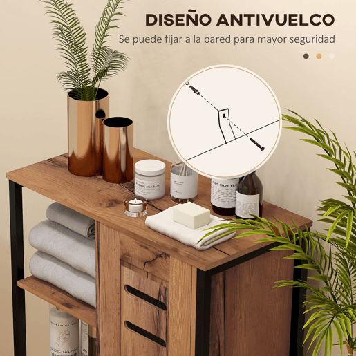 kleankin Móvel Auxiliar Casa de Banho Estreito Armário de Casa de Banho com Porta de Ripas e 3 Compartimentos Abertos Prateleira Ajustável para Sala Quarto Entrada 60x30x85 cm Castanho Rústico
