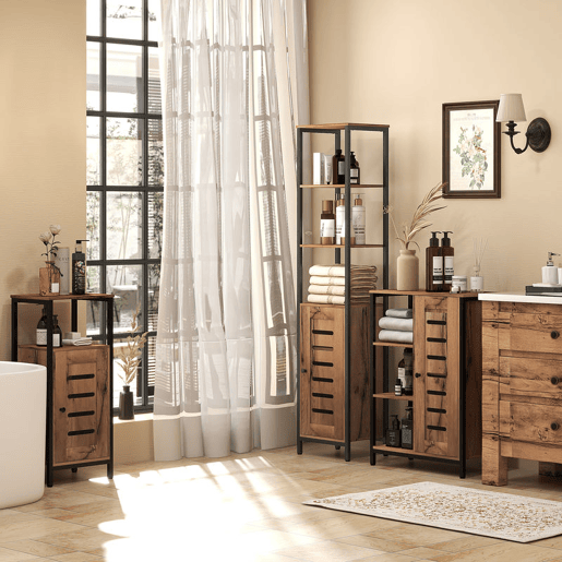 kleankin Móvel Auxiliar Casa de Banho Estreito Armário de Casa de Banho com Porta de Ripas e 3 Compartimentos Abertos Prateleira Ajustável para Sala Quarto Entrada 60x30x85 cm Castanho Rústico