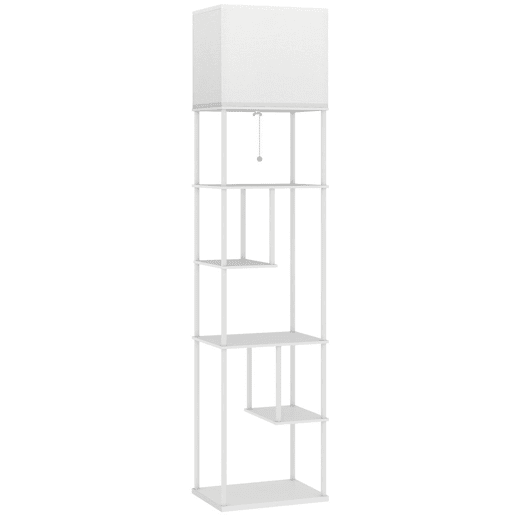 HOMCOM Candeeiro de Pé com Prateleiras Candeeiro de Sala com Brilho e Temperaturas de Cor Ajustáveis 3000K-6500K Controlo Remoto Casquilho E27 Temporizador para Quarto, Escritório Decoração 40x29x171 cm Branco