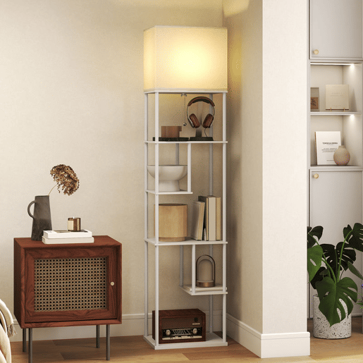 HOMCOM Candeeiro de Pé com Prateleiras Candeeiro de Sala com Brilho e Temperaturas de Cor Ajustáveis 3000K-6500K Controlo Remoto Casquilho E27 Temporizador para Quarto, Escritório Decoração 40x29x171 cm Branco