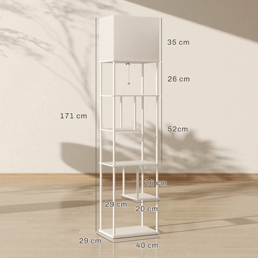 HOMCOM Candeeiro de Pé com Prateleiras Candeeiro de Sala com Brilho e Temperaturas de Cor Ajustáveis 3000K-6500K Controlo Remoto Casquilho E27 Temporizador para Quarto, Escritório Decoração 40x29x171 cm Branco