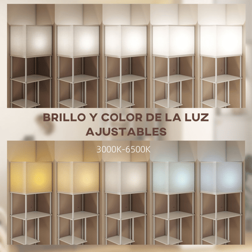 HOMCOM Candeeiro de Pé com Prateleiras Candeeiro de Sala com Brilho e Temperaturas de Cor Ajustáveis 3000K-6500K Controlo Remoto Casquilho E27 Temporizador para Quarto, Escritório Decoração 40x29x171 cm Branco
