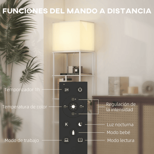HOMCOM Candeeiro de Pé com Prateleiras Candeeiro de Sala com Brilho e Temperaturas de Cor Ajustáveis 3000K-6500K Controlo Remoto Casquilho E27 Temporizador para Quarto, Escritório Decoração 40x29x171 cm Branco