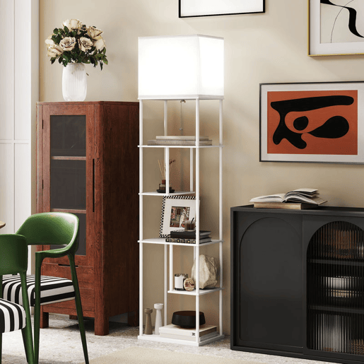 HOMCOM Candeeiro de Pé com Prateleiras Candeeiro de Sala com Brilho e Temperaturas de Cor Ajustáveis 3000K-6500K Controlo Remoto Casquilho E27 Temporizador para Quarto, Escritório Decoração 40x29x171 cm Branco
