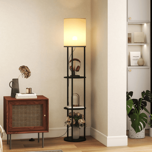 HOMCOM Candeeiro de Pé com Prateleiras Candeeiro com 3 Temperaturas de Cor Controlo Remoto Casquilho E27 para Sala de Estar Quarto Escritório Ø29x158 cm Preto