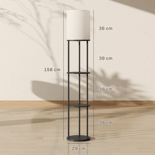 HOMCOM Candeeiro de Pé com Prateleiras Candeeiro com 3 Temperaturas de Cor Controlo Remoto Casquilho E27 para Sala de Estar Quarto Escritório Ø29x158 cm Preto