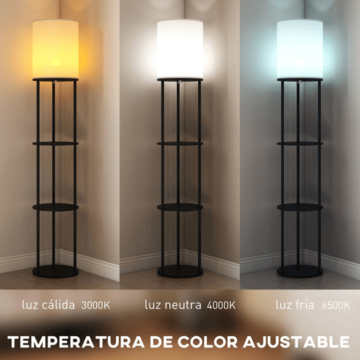 HOMCOM Candeeiro de Pé com Prateleiras Candeeiro com 3 Temperaturas de Cor Controlo Remoto Casquilho E27 para Sala de Estar Quarto Escritório Ø29x158 cm Preto